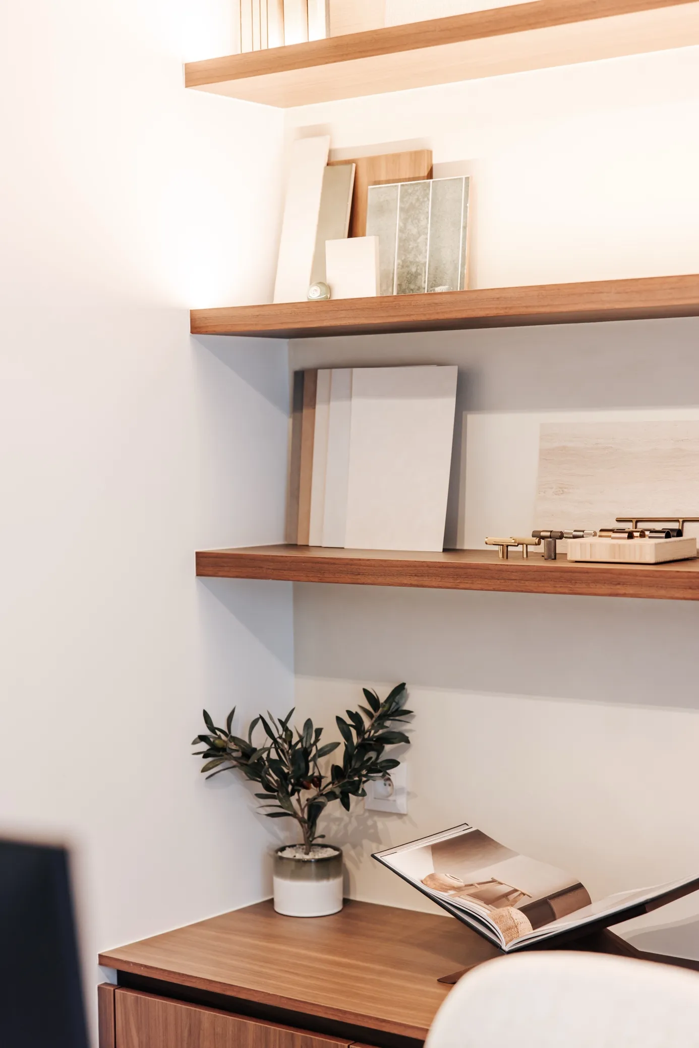 Zwevende wandrekken met boeken en planten
