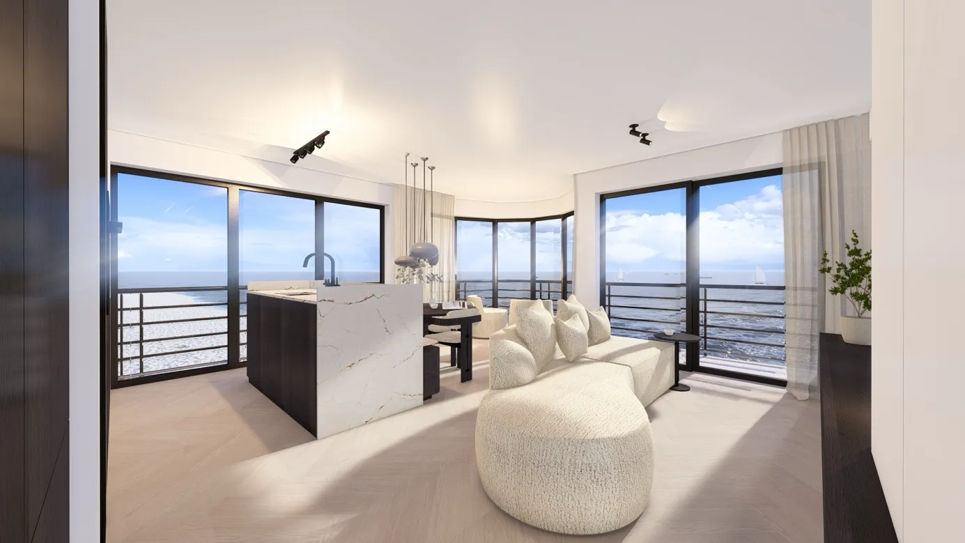 Appartementsontwerp met keukeneiland en zeezicht
