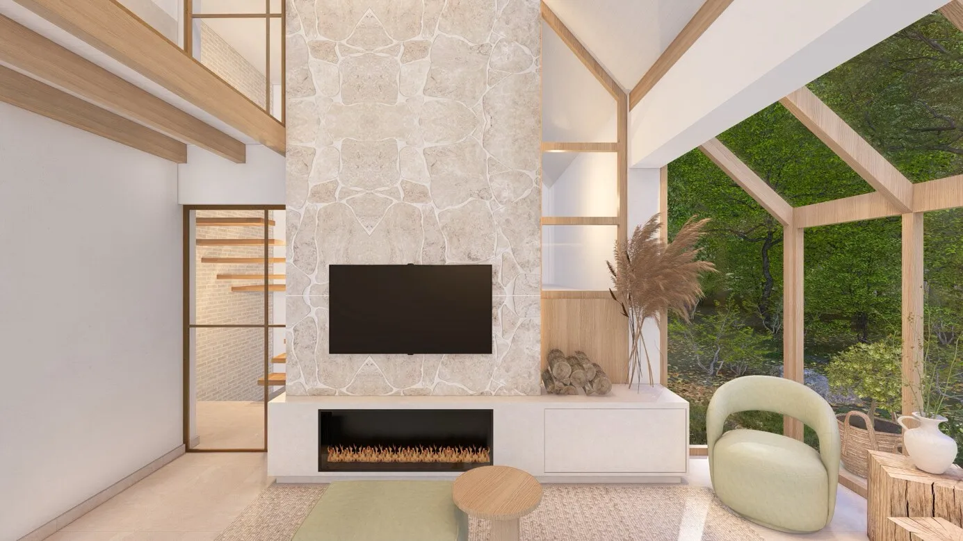 Leefruimte met natuurstenen haardwand en veranda