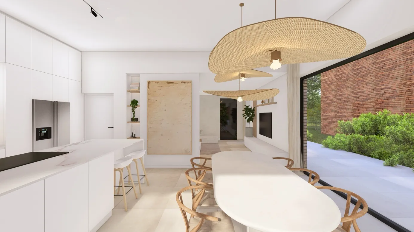 Keukenontwerp met eettafel en rieten hanglampen